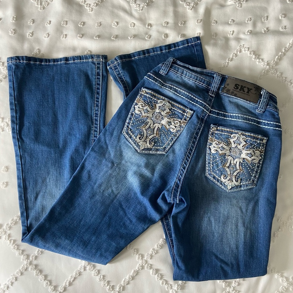 Sky Flare Jeans Med Wash Mid Rise Embellished Western Rodeo Cowgirl Rhinestone 4